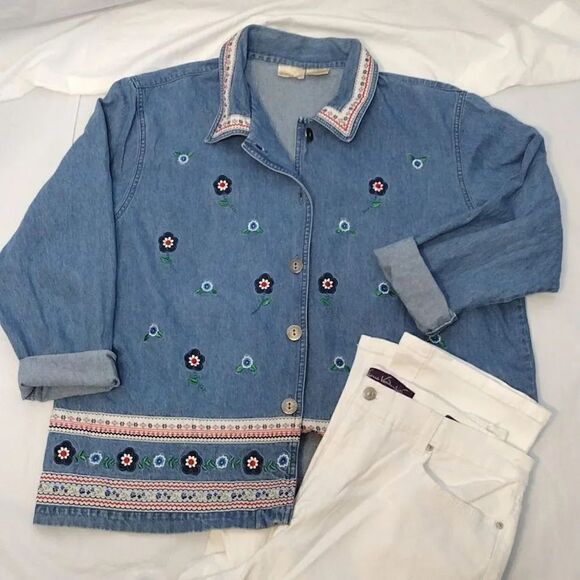 VTG 90s Floral Denim Embroidered Button Front Cottagecore Cardigan XL - Picture 8 of 16